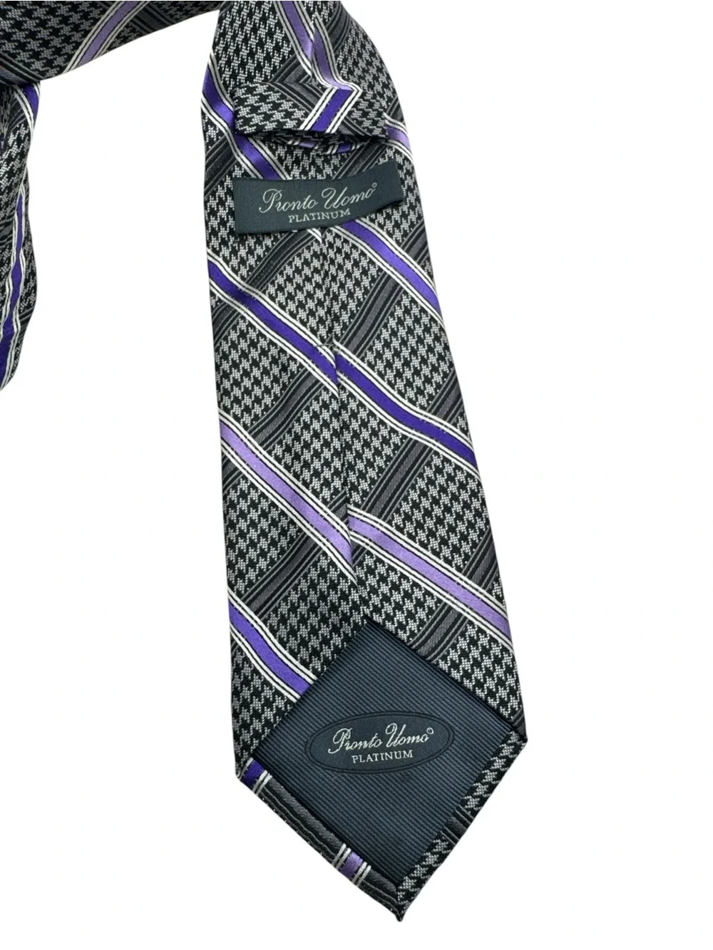 Vintage 90s Pronto Uomo Platinum 100% Silk Purple Gray Metallic Checkerboard Tie